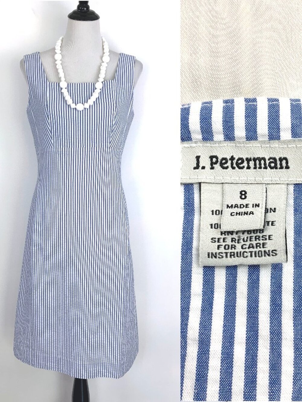 Vintage J. Peterman Blue & White Preppy Spectator Stripe Cotton Dress Sz 8 - 6